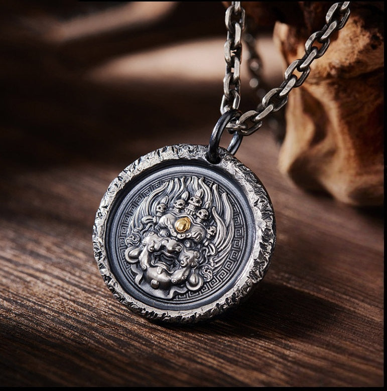 blesinchi Tibetan Mahakala God of Wealth Round Pendant Necklace