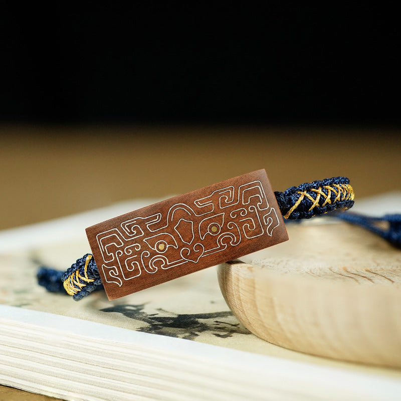 blesinchi Chinese Taotie Wealth Bracelet Silver-Inlaid Wood Lucky