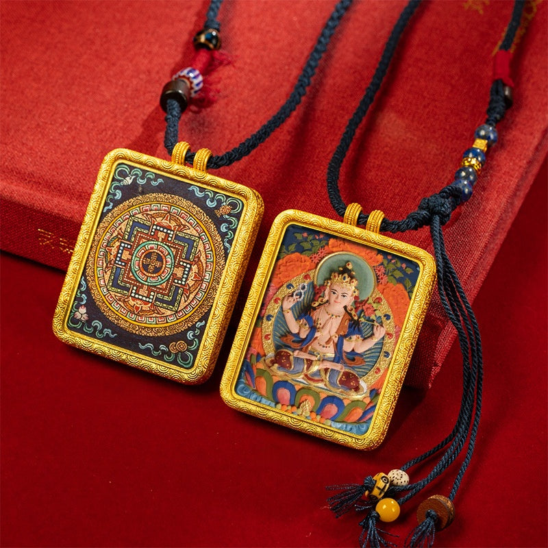 blesinchi Tibetan Hand-Painted Cinnabar Tsatsa Gau Box Pendant Necklace