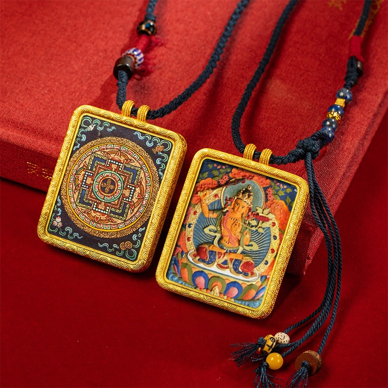 blesinchi Tibetan Hand-Painted Cinnabar Tsatsa Gau Box Pendant Necklace