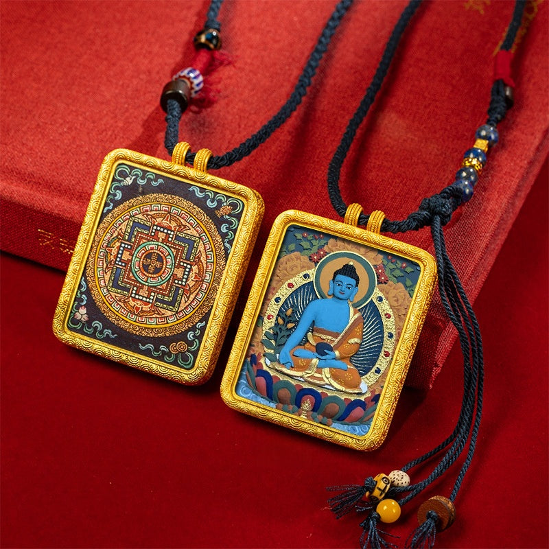 blesinchi Tibetan Hand-Painted Cinnabar Tsatsa Gau Box Pendant Necklace