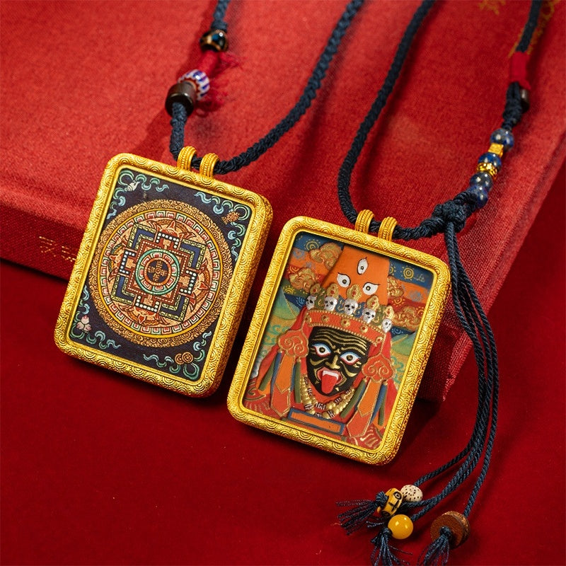 blesinchi Tibetan Hand-Painted Cinnabar Tsatsa Gau Box Pendant Necklace