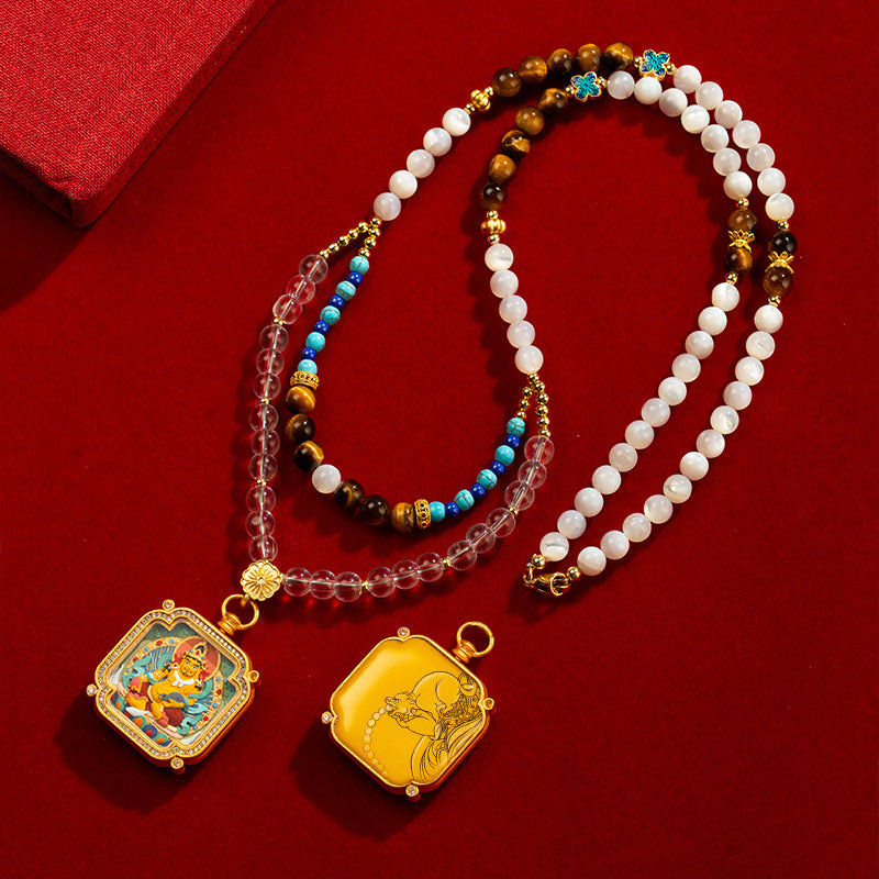 blesinchi Tibetan Hand-Painted 3D Yellow Jambhala Tsatsa Brass Pendant Necklace (2 Cord Styles)