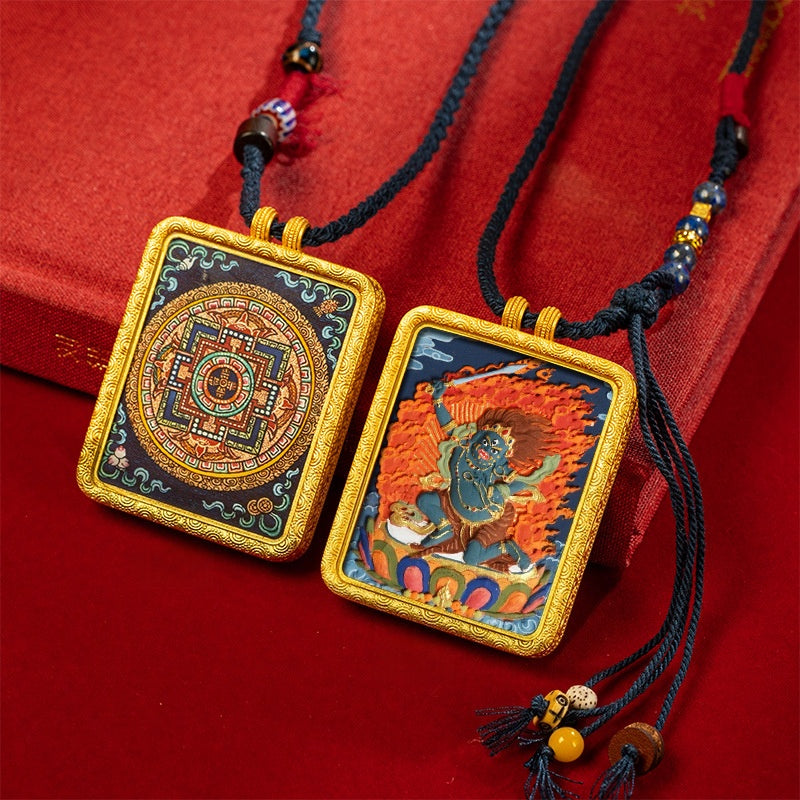 blesinchi Tibetan Hand-Painted Cinnabar Tsatsa Gau Box Pendant Necklace