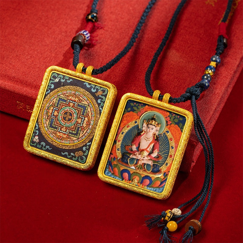 blesinchi Tibetan Hand-Painted Cinnabar Tsatsa Gau Box Pendant Necklace