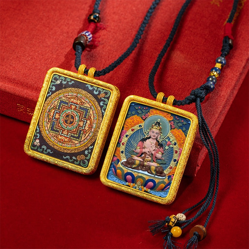 blesinchi Tibetan Hand-Painted Cinnabar Tsatsa Gau Box Pendant Necklace