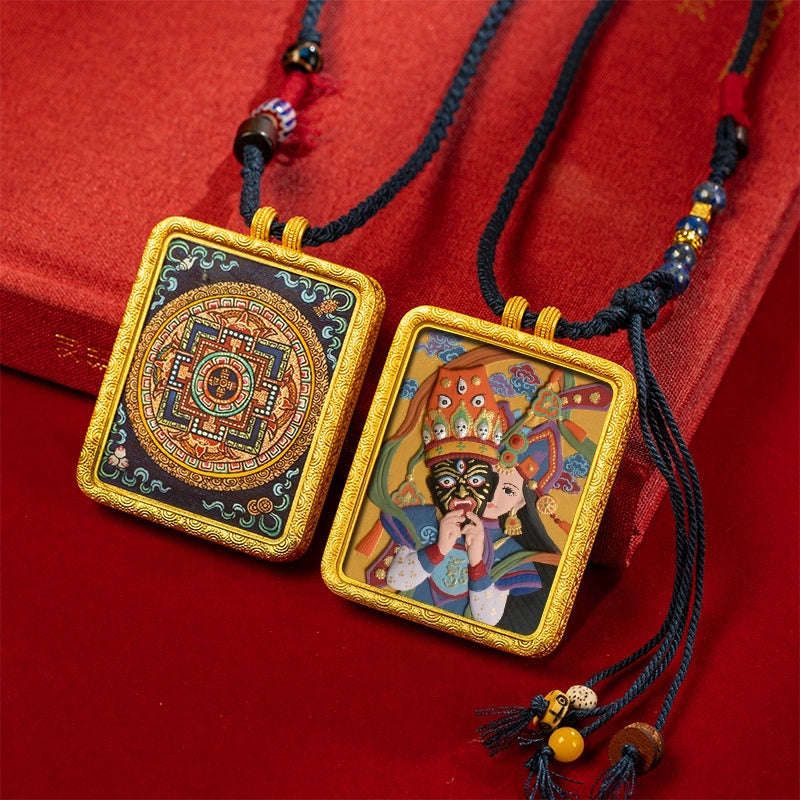 blesinchi Tibetan Hand-Painted Cinnabar Tsatsa Gau Box Pendant Necklace